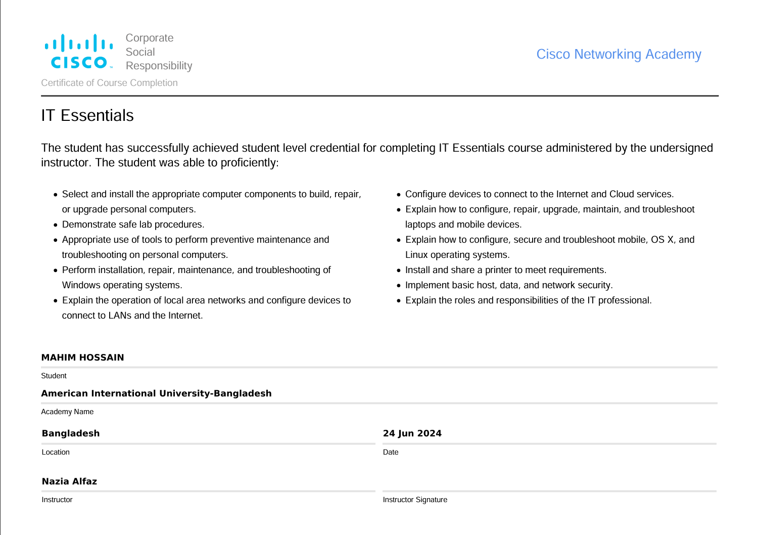 Cisco IT Essentials Certificate