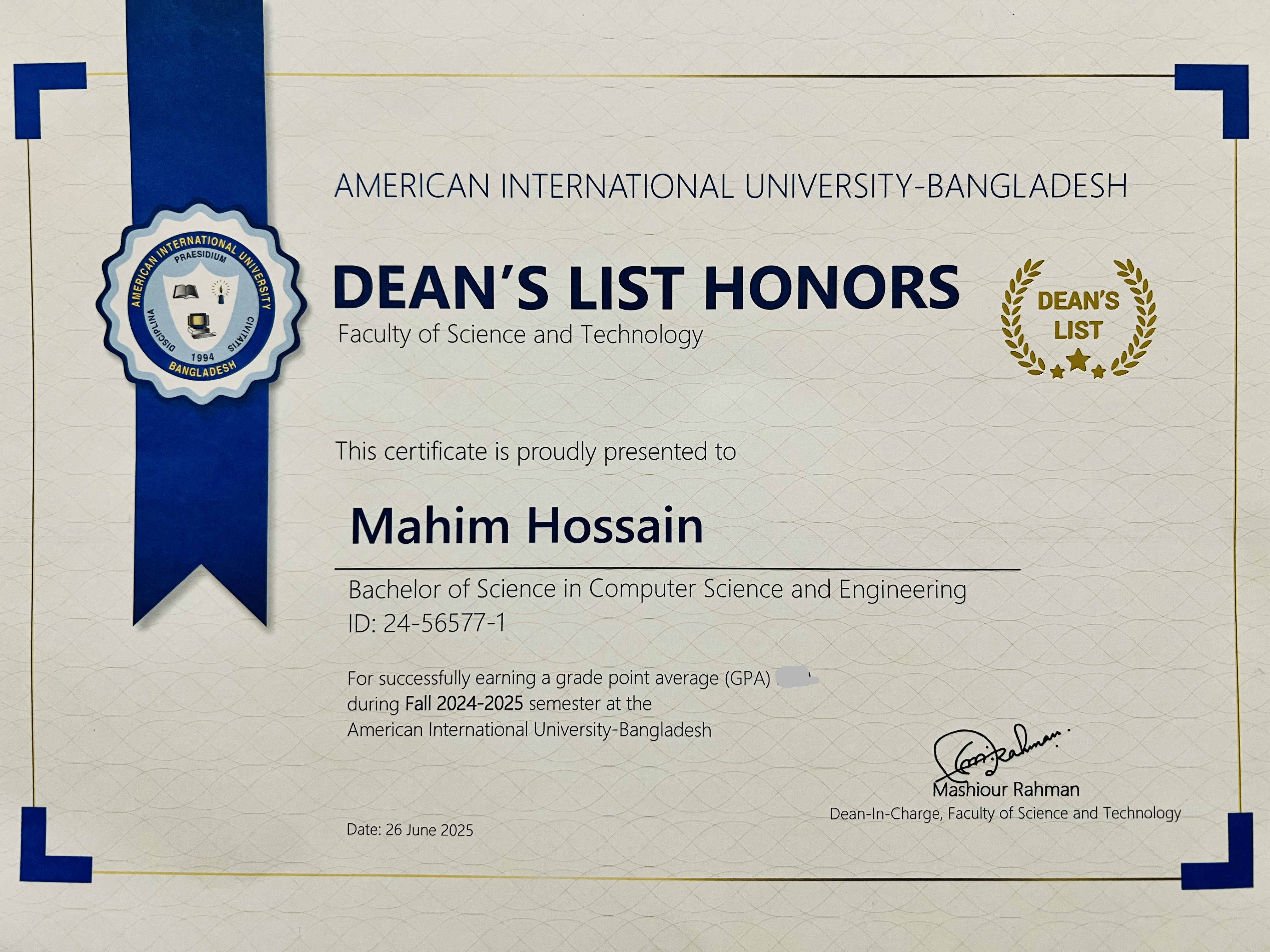 Dean's List Honors